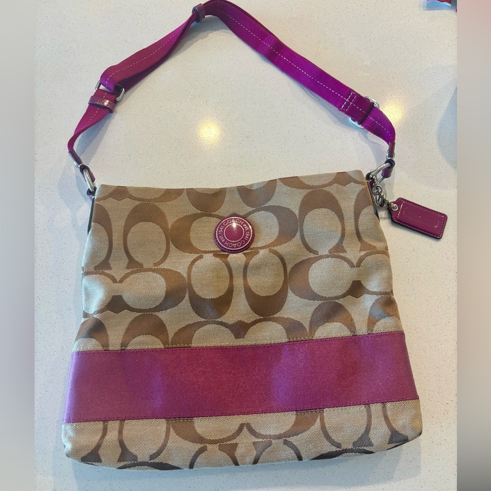 Coach Brown and Pink Signature Shoulder Bag